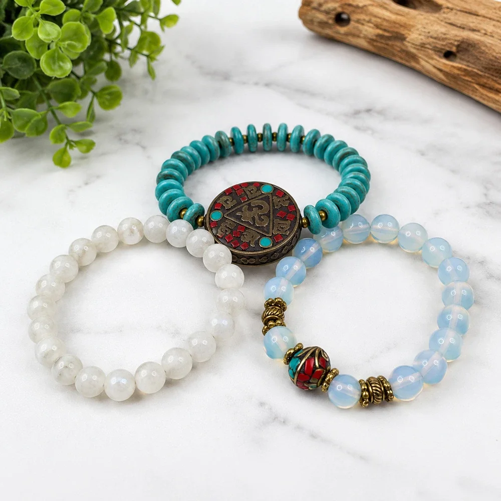 Nepalese Tibetan-Style Buddhist Om Pendant Turquoise Opalite Beaded Bracelet Set